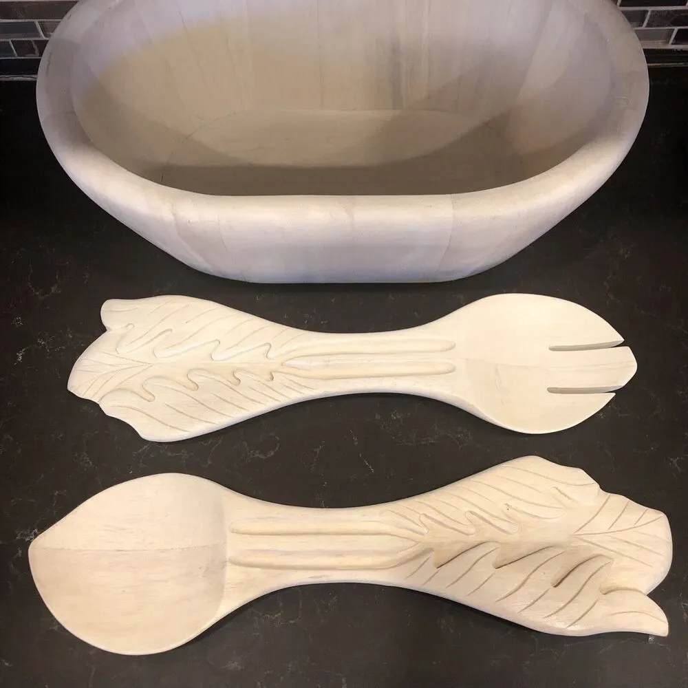 Pottery‎ Barn Medium Wooden Salad Bowl With Carved Tossers Decorative